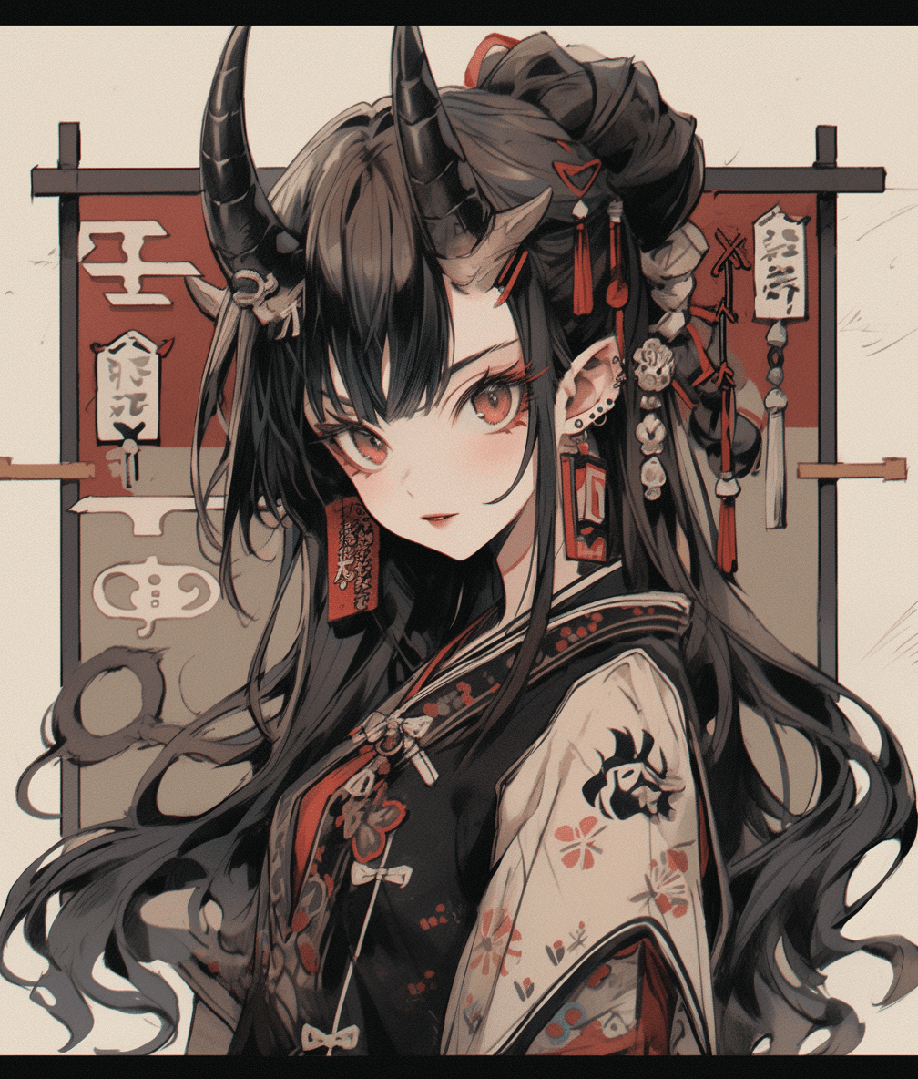 AI generated: a dark haired girl dressed in an asian style, in the style of subtle ink application, appropriation ...