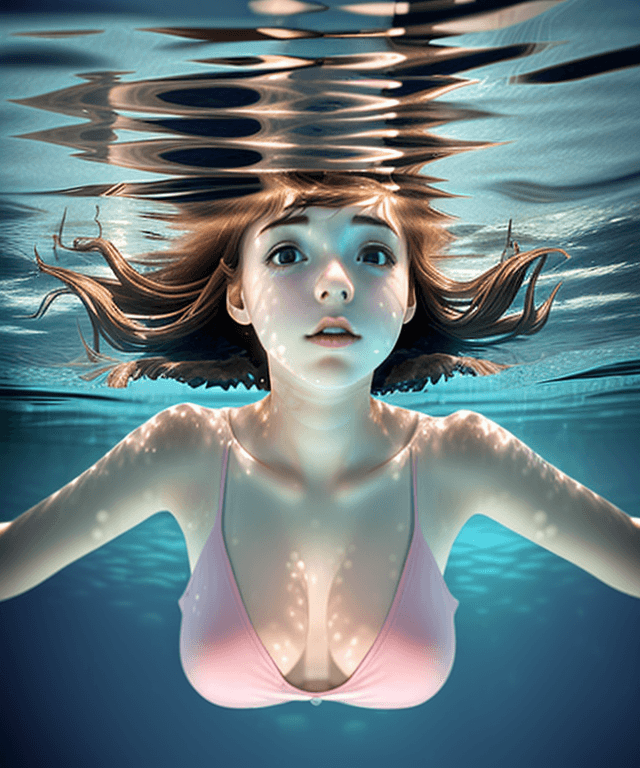 AI generated: girl realisitc style laying horizontally under water, her chest and head facing upward 