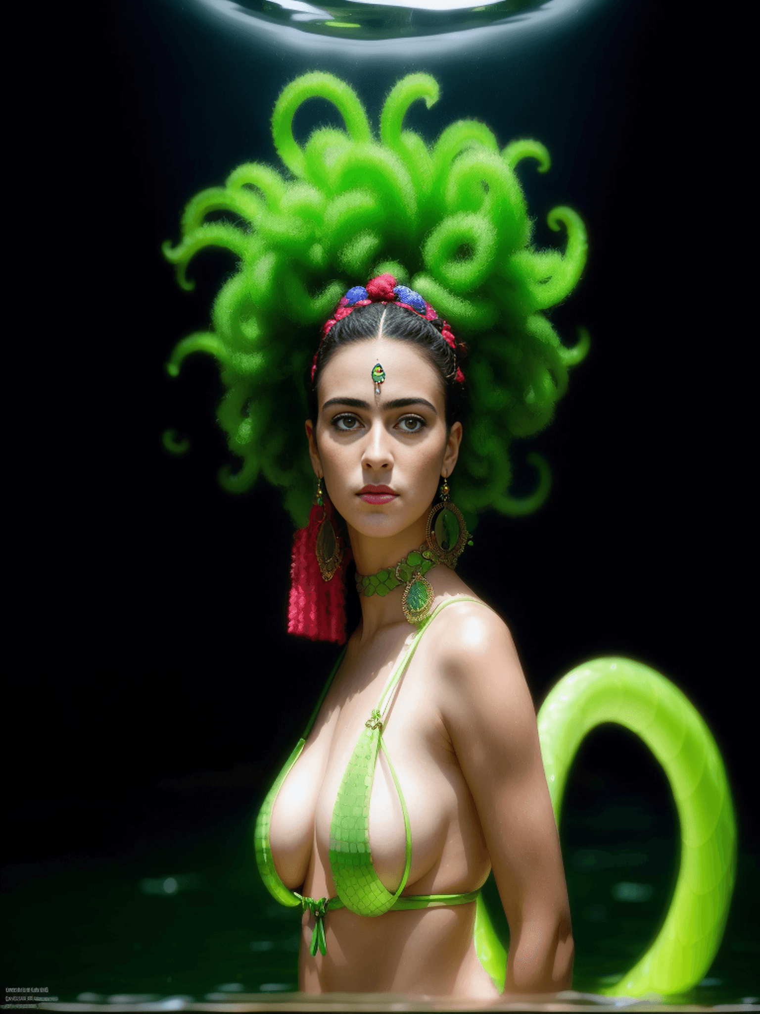 AI generated: pretty face, impressiv face, green shiny eye, image - Real life photo, green eyes, wearing a dress, ...