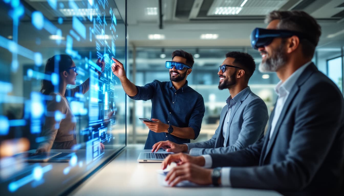 AI generated: /imagine prompt: Diverse professional team in modern office, 35-year-old Indian woman presenting on ...