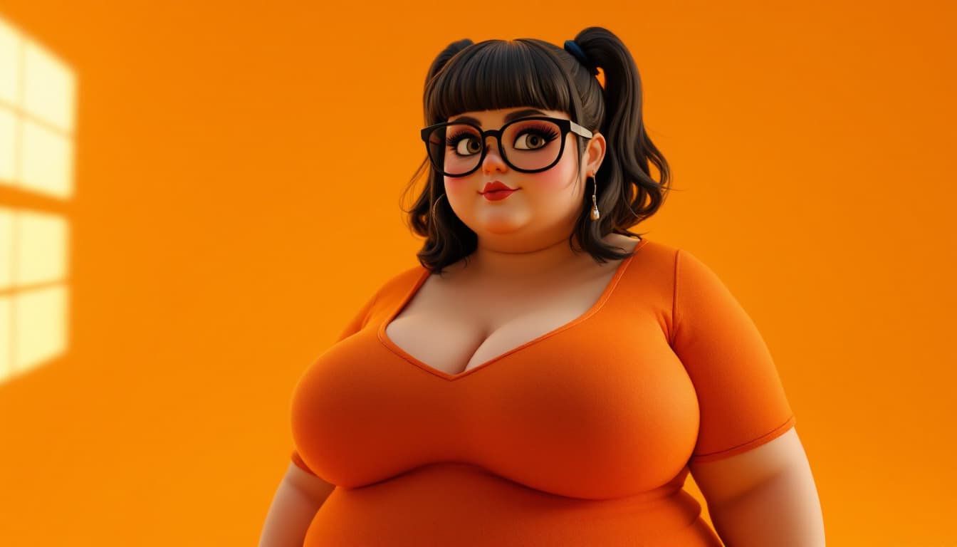 AI generated: a 3d cartoon goth girl aesthetic, velma from scooby-doo, chubby, a woman wearing eye glasses and an ...