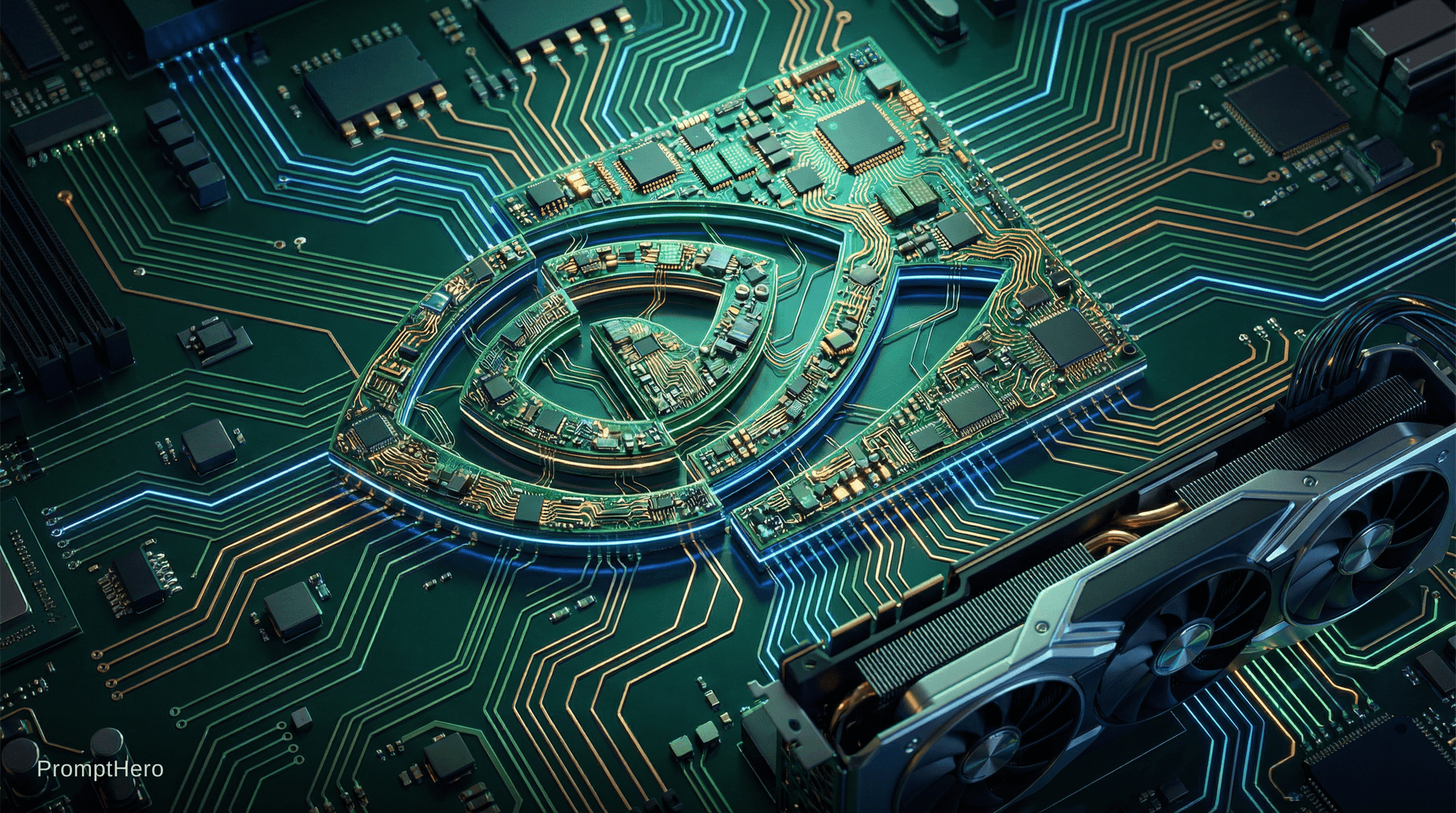 AI generated: the nvidia logo made from computer chips on a motherboard with circuits flowing into the logo with a...