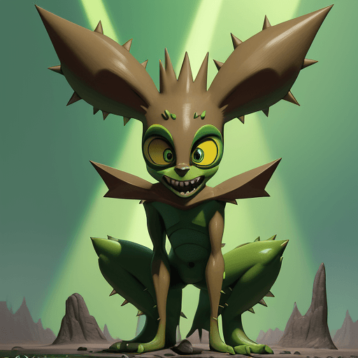 AI generated:  cartoon of a colorful creature, big eyes and big teeth, big ears, light bronze and green schema, ro...