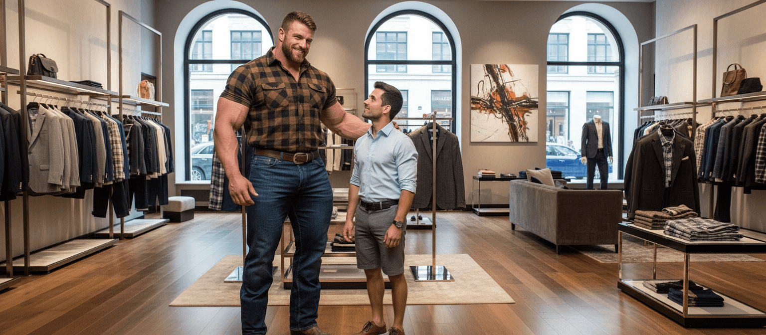 AI generated: At very luxurious clothing store. 

The bodybuilder is 6 feet 4 inches tall, he has huge muscular ...