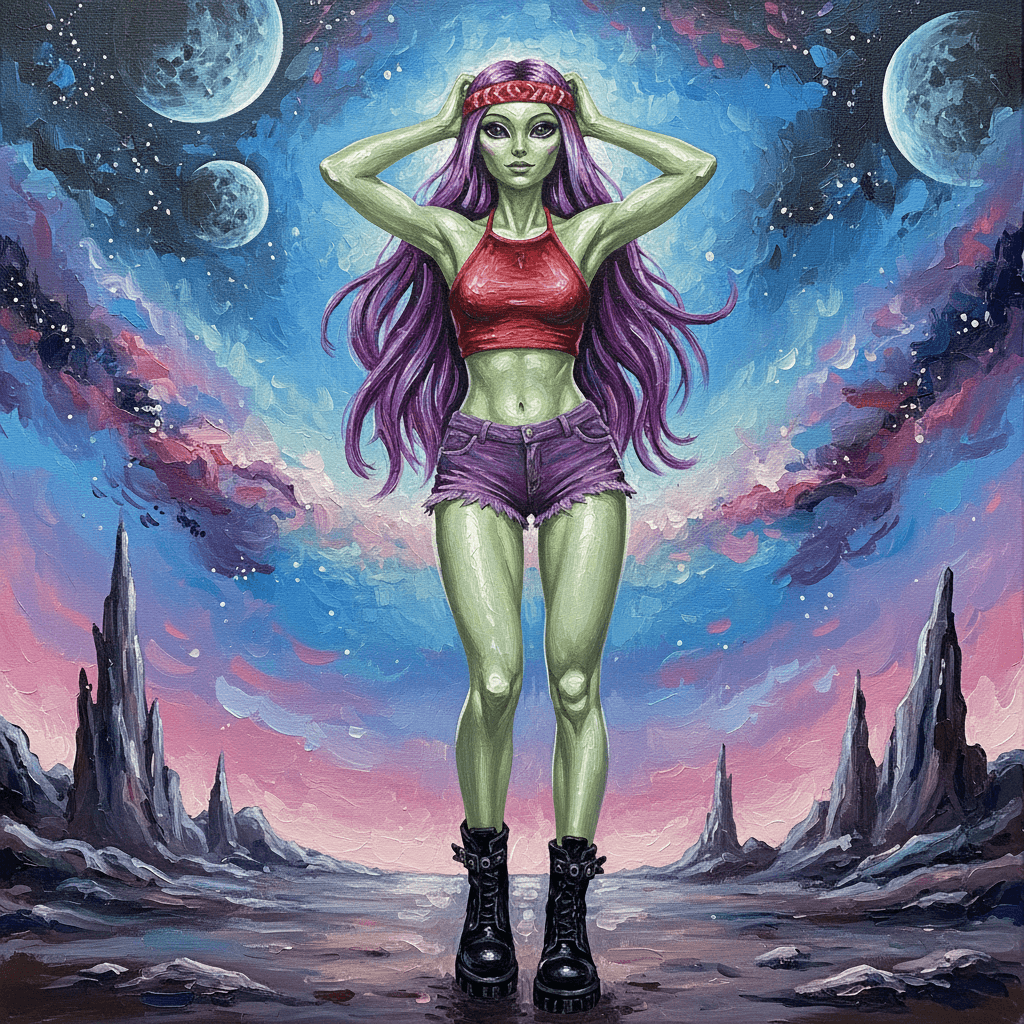 AI generated: An acrylic, highly detailed image of an alien female with pale green skin sporting a red headband, t...