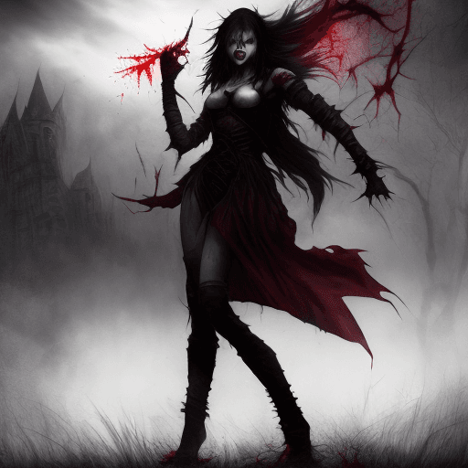 AI generated: Dark fantasy Art, Vampire on manhunt, Bloodthirst, full body of a beautiful Girl 18 yo, Battle Pose,...