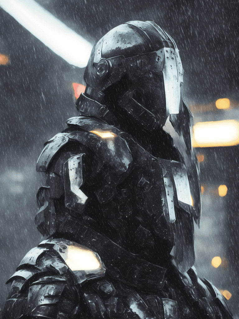 AI generated: photo of a black cyberpunk armor with cyber helmet, epic composition, lights on cyber mask, full arm...