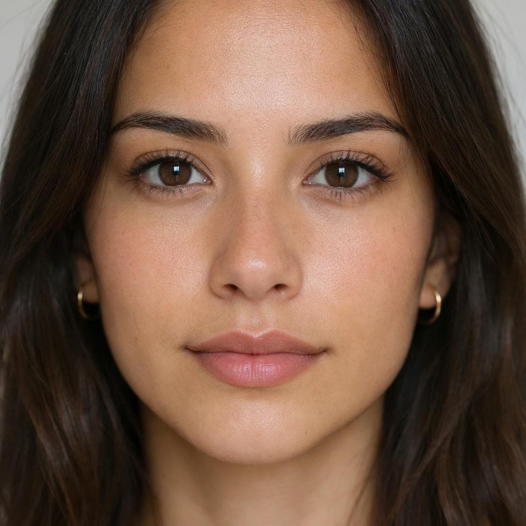 AI generated: ultra realistic young woman, 23 years old, natural beauty, oval face, almond-shaped dark brown eyes,...