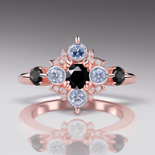AI generated: Jewelry design, a ring with bright rose-cut blue diamonds, surrounded by small lily-of-the-valley fl...