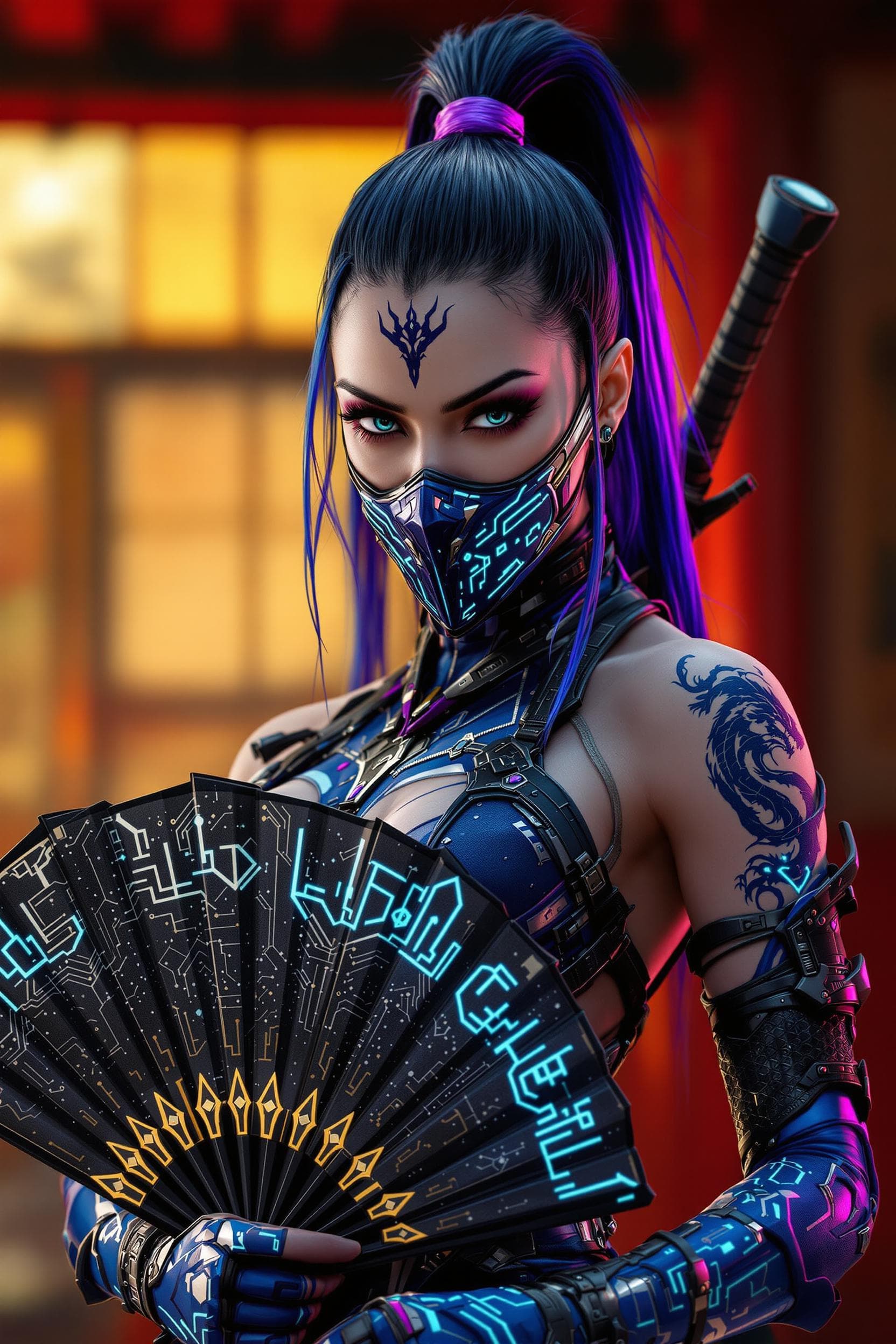 AI generated: Ultra-realistic cyberpunk Kitana, Mortal Kombat character, in an intricate blue warrior suit with pu...
