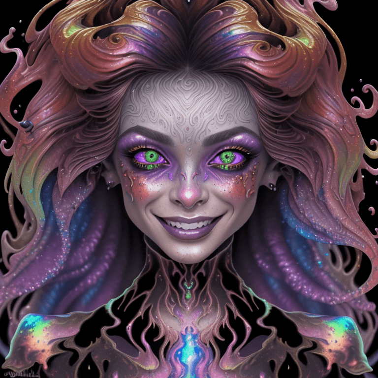 AI generated: Mistic beautiful stunning woman  goblin with exploding iridescent foil lava melting from goblin high...