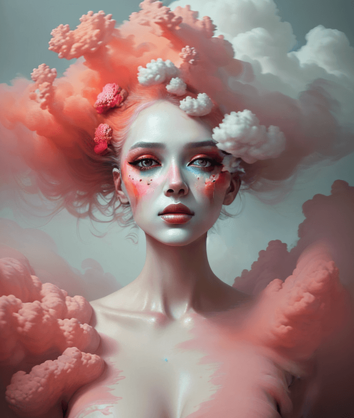 AI generated: portrait of a woman covered in cloud of smoke, whirlwind, coral highlight colors, coral make-up, hin...