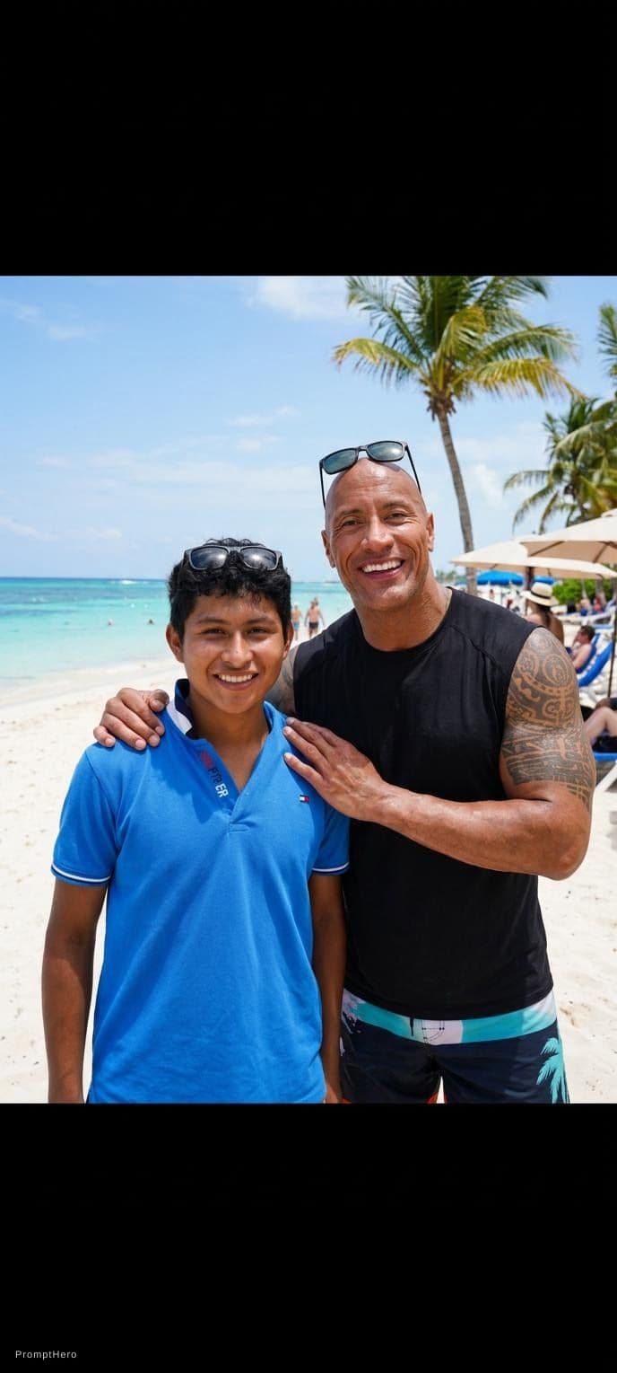 AI generated: with Dwayne Johnson at a tropical beach, sunny day, both smiling