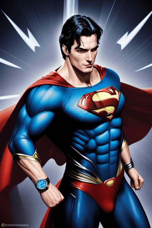 AI generated: Superman transforms into a watch with the design and character of Superman. The watch is blue and re...