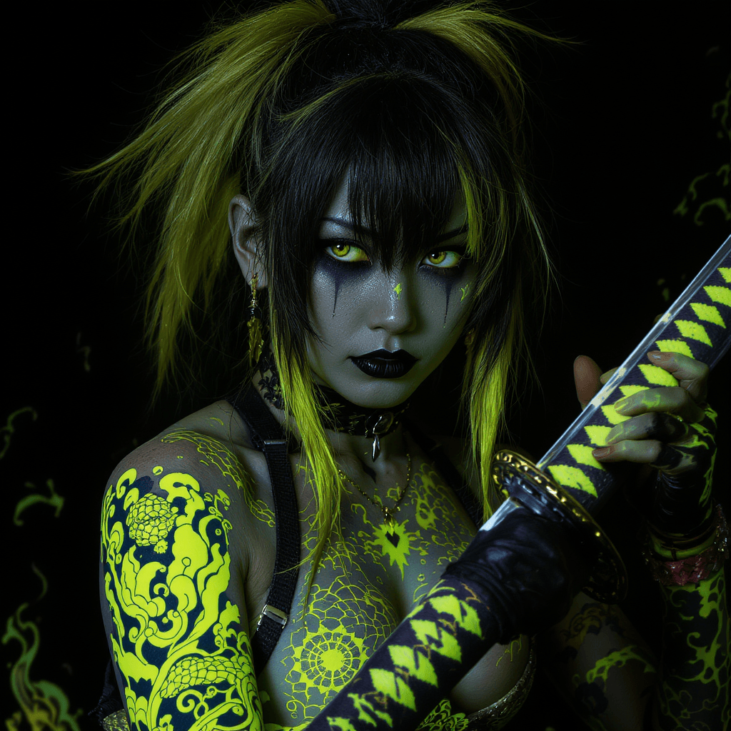 AI generated: Editorial Vivienne Tam photography of a gothic punk rebel Japanese [woman] with neon yellow and blac...