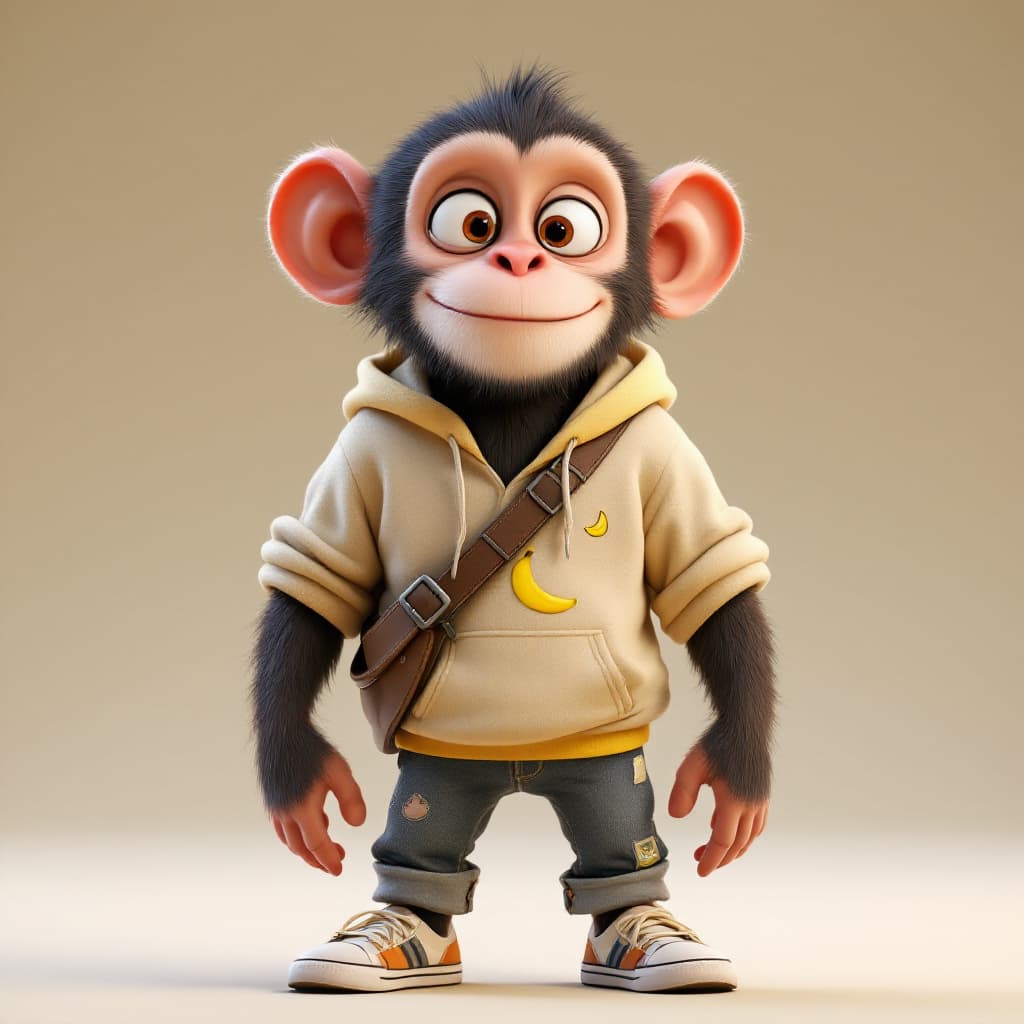 AI generated: A highly detailed 3D character in Pixar style: a humanoid monkey with expressive, big eyes and soft ...