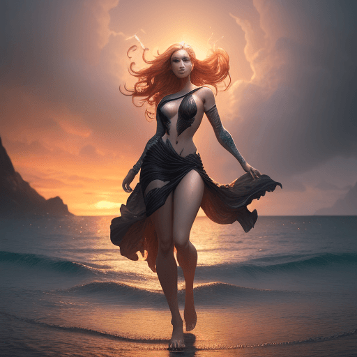 AI generated: A stunning full body portrait of a woman, island background, sunset, charlie bowater, volumetric atm...