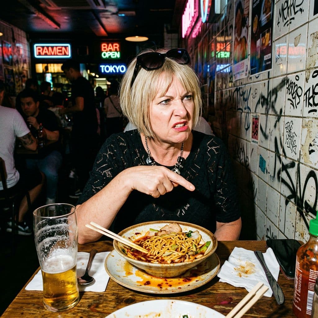 AI generated: urban underground restaurant photography, harsh direct camera flash, nightlife editorial food photog...