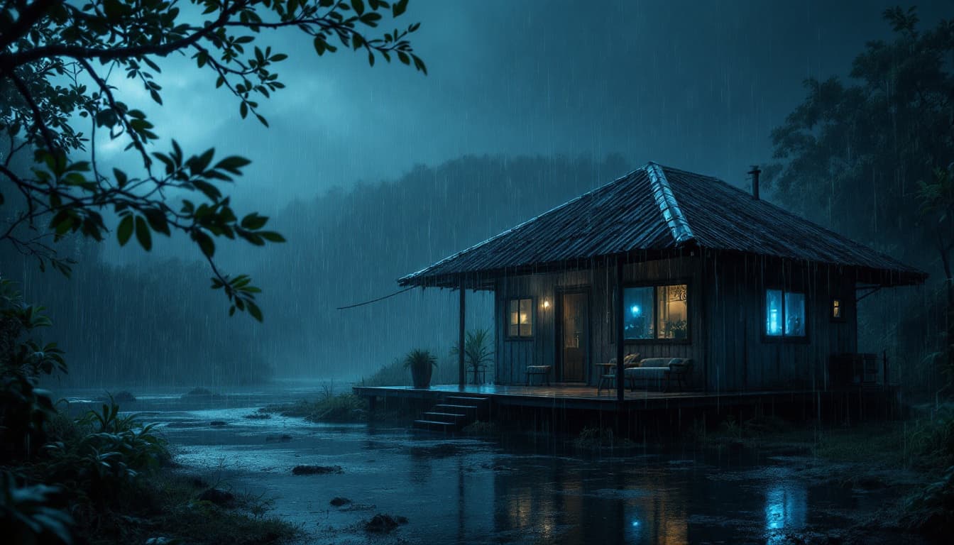 AI generated: A hyper-realistic 8K scene during an intense storm on a very dark night. The image centers on an iso...