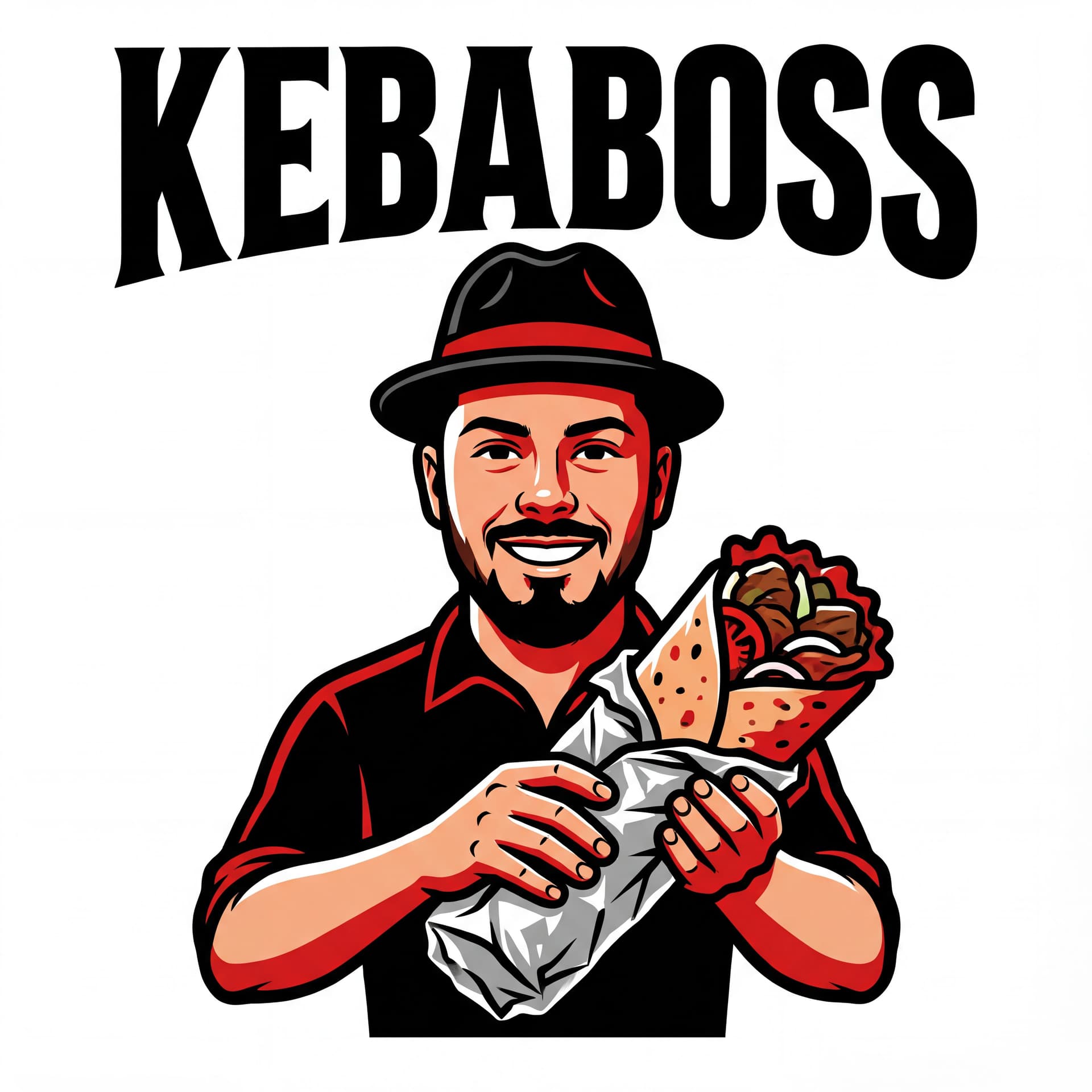 AI generated: Make  a mafia boss with the face of input image 1 with mafia hat holding with two hands a doner keba...