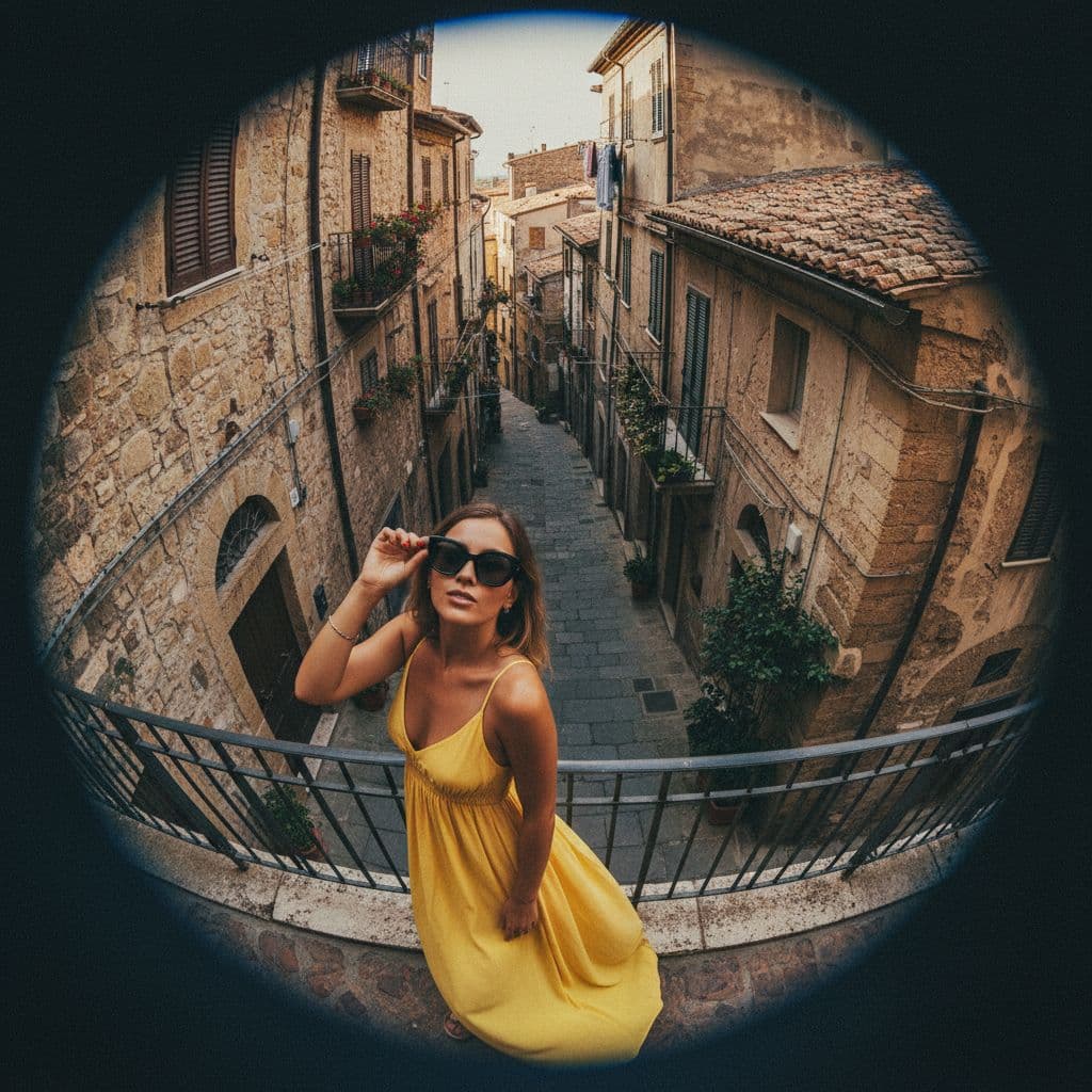 AI generated: oval image, like fish eye style, a woman in yellow dress with sunglasses in small italian like stree...