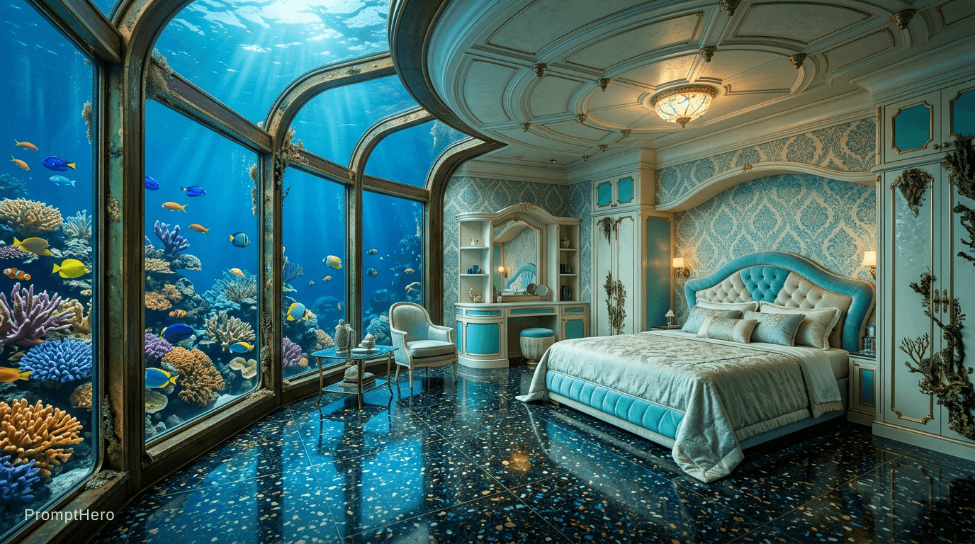 AI generated: A retro luxurious bedroom with built-in furniture submerged under the ocean. cream and tiffany blue....