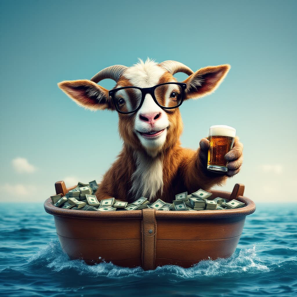 AI generated: A smiley brown goat with dark glasses and a beer in hand pointing towards the camera, the goat is in...
