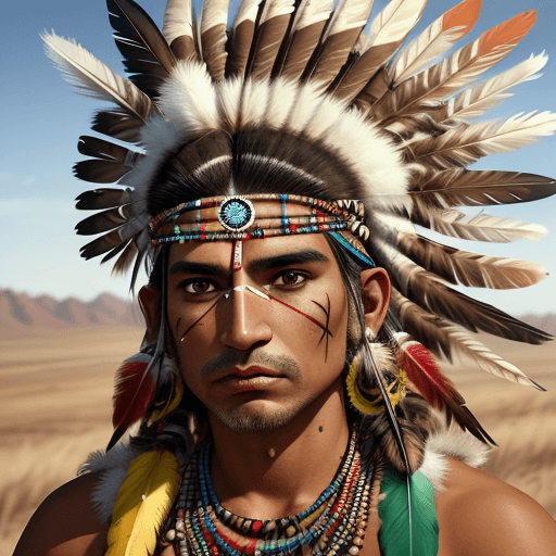 AI generated: Hyperrealistic cinematic image of a native Indian with feathers on his head, Arte nativa brasileira,...