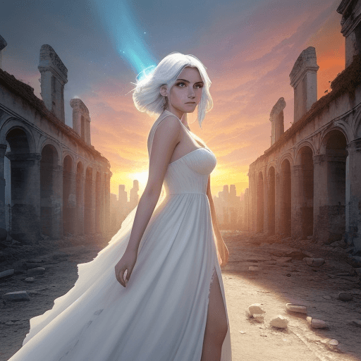 AI generated: Una mujer de pie en medio de las ruinas de una ciudad destruida, vestida con ropa blanca, rodeada de...