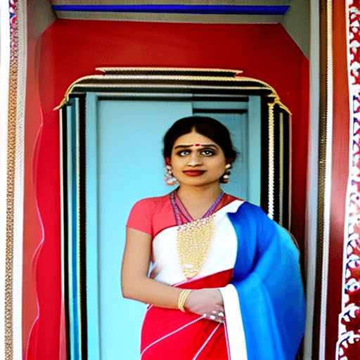 AI generated: a woman in a red sari standing in front of a pink and white wall, only red colour, wearing sari, tra...