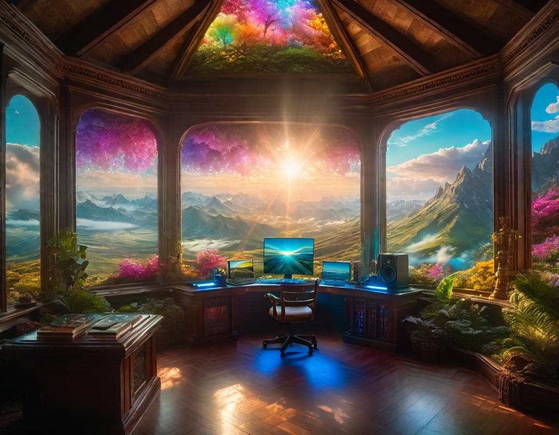 AI generated: realistic dream lifelike fantasy photography, full WIDE view, computer interior design Room, hyper d...