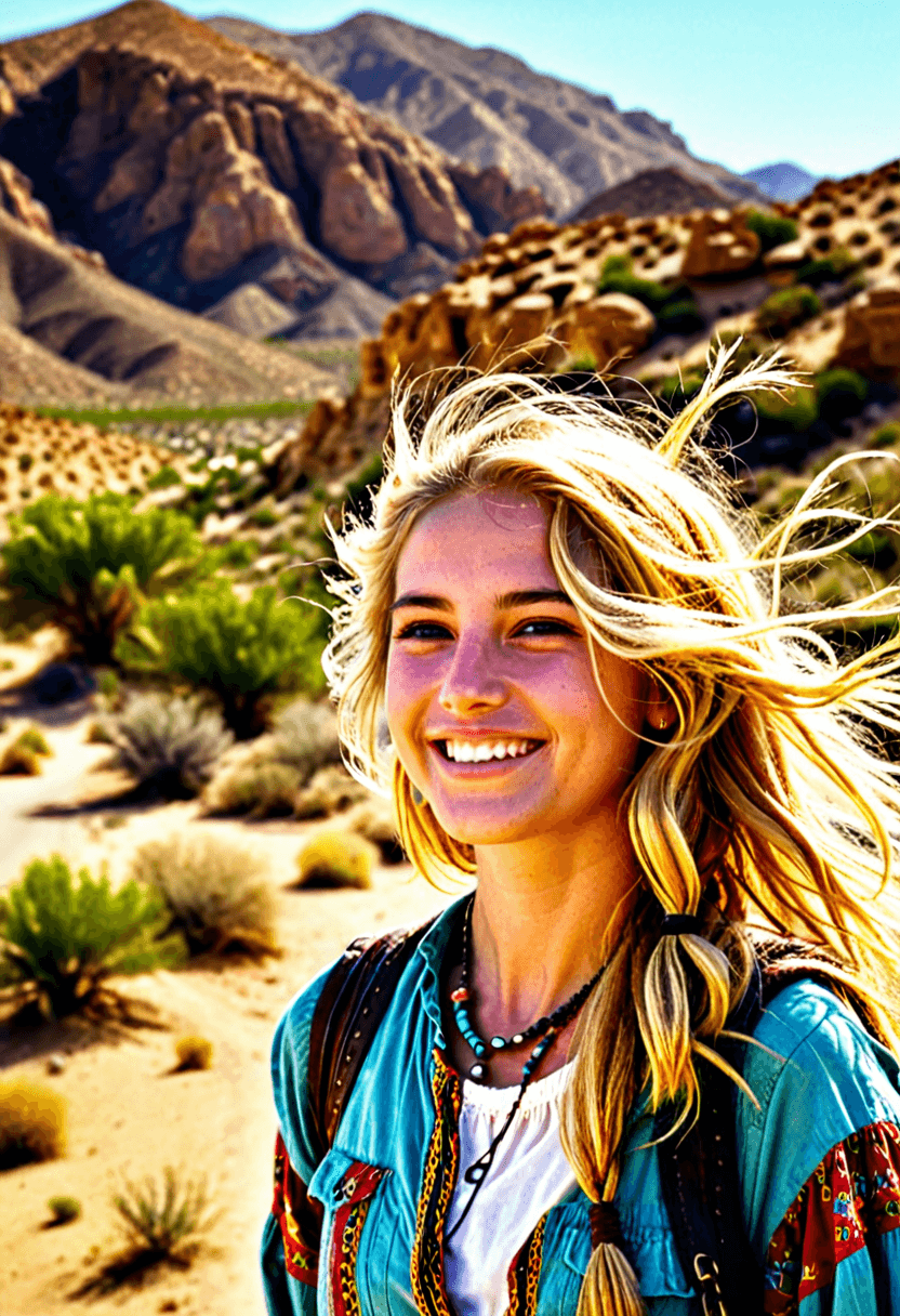 AI generated: iphone photo smiling, pretty hipster traveler girl, gypsy look, wind blown blonde hair, desert natur...