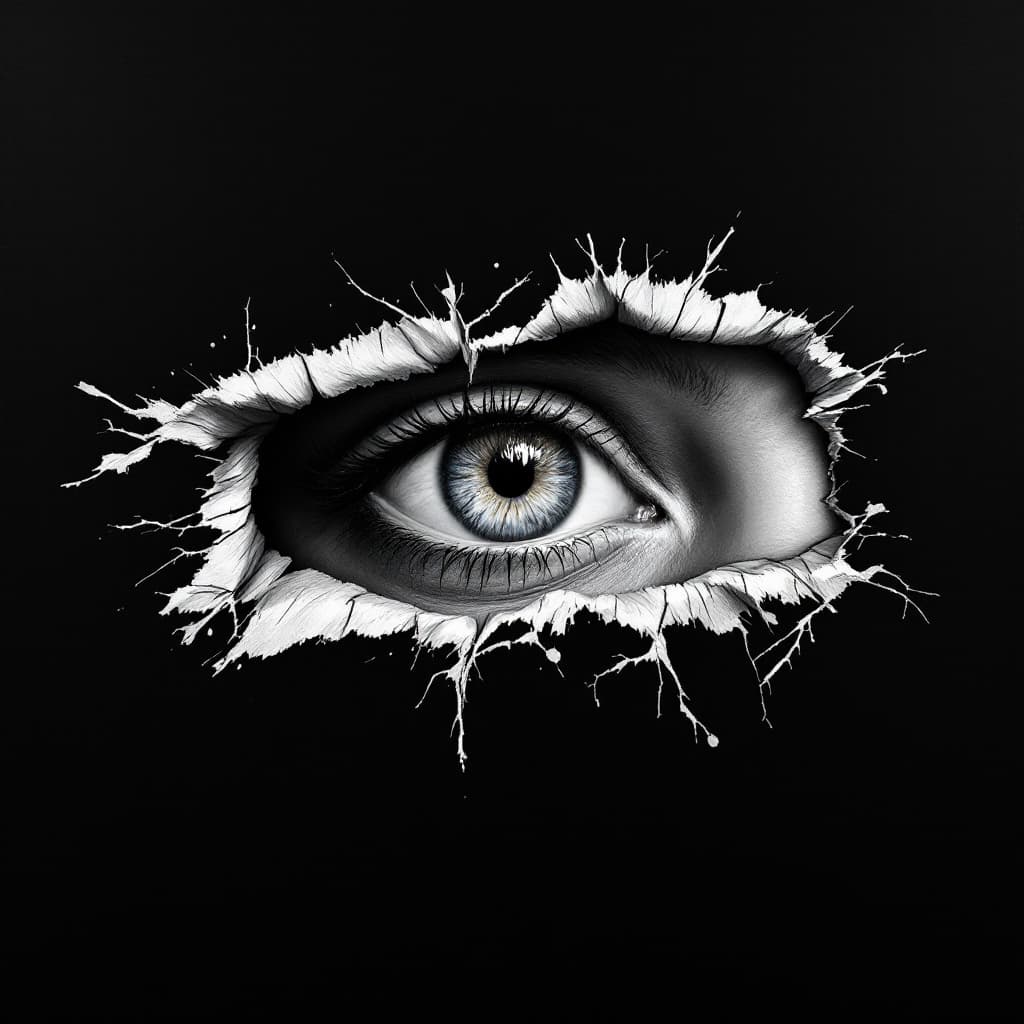 AI generated: Create a hyperrealistic oil painting on a clean black canvas, featuring an eye peeking through a rip...