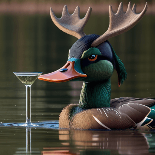 AI generated: Angry Mallard duck drinking with a moose