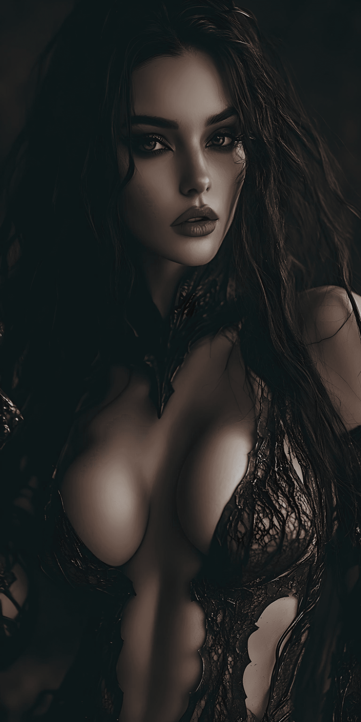 AI generated: A woman with long, dark hair gazes directly at the viewer. She has striking features, including bold...