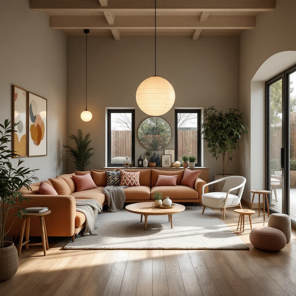 AI generated: High resolution photography interior design, dreamy sunken living room conversation pit, wooden floo...