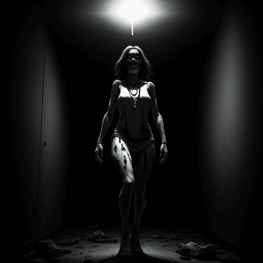 AI generated: A mutant hostile girl emerging from a dark room, necklace, gray lighting, painful, deformed body, pe...