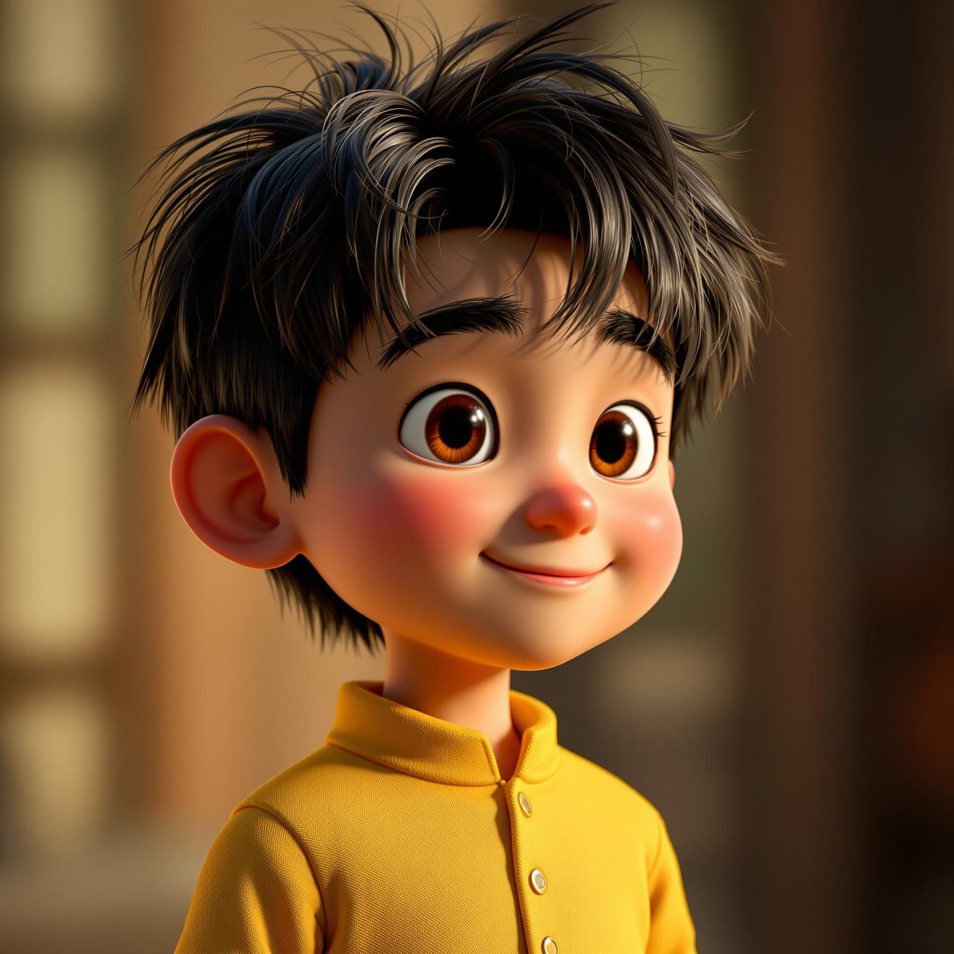 AI generated: A Chinese boy with black hair and yellow shirt, rendered in cinema4d style, charming character, I ca...