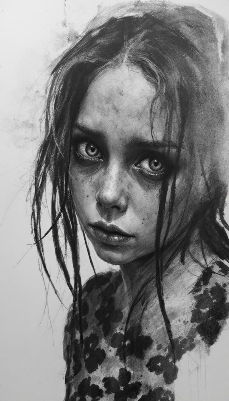 AI generated: Girl, charcoal sketch, scared