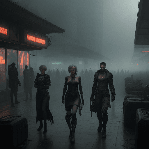 AI generated: A survival game world with eerie fog around a shabby station, a group of men and women, scared faces...