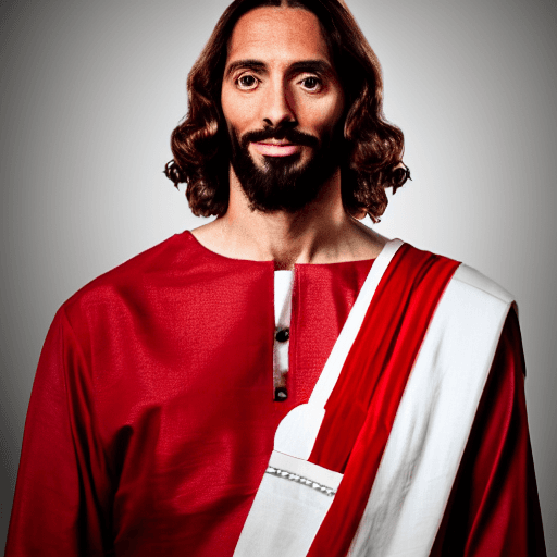 AI generated: portrait photo of jesus christ, red and white tunic, side profile, looking away, serious eyes, 50mm ...