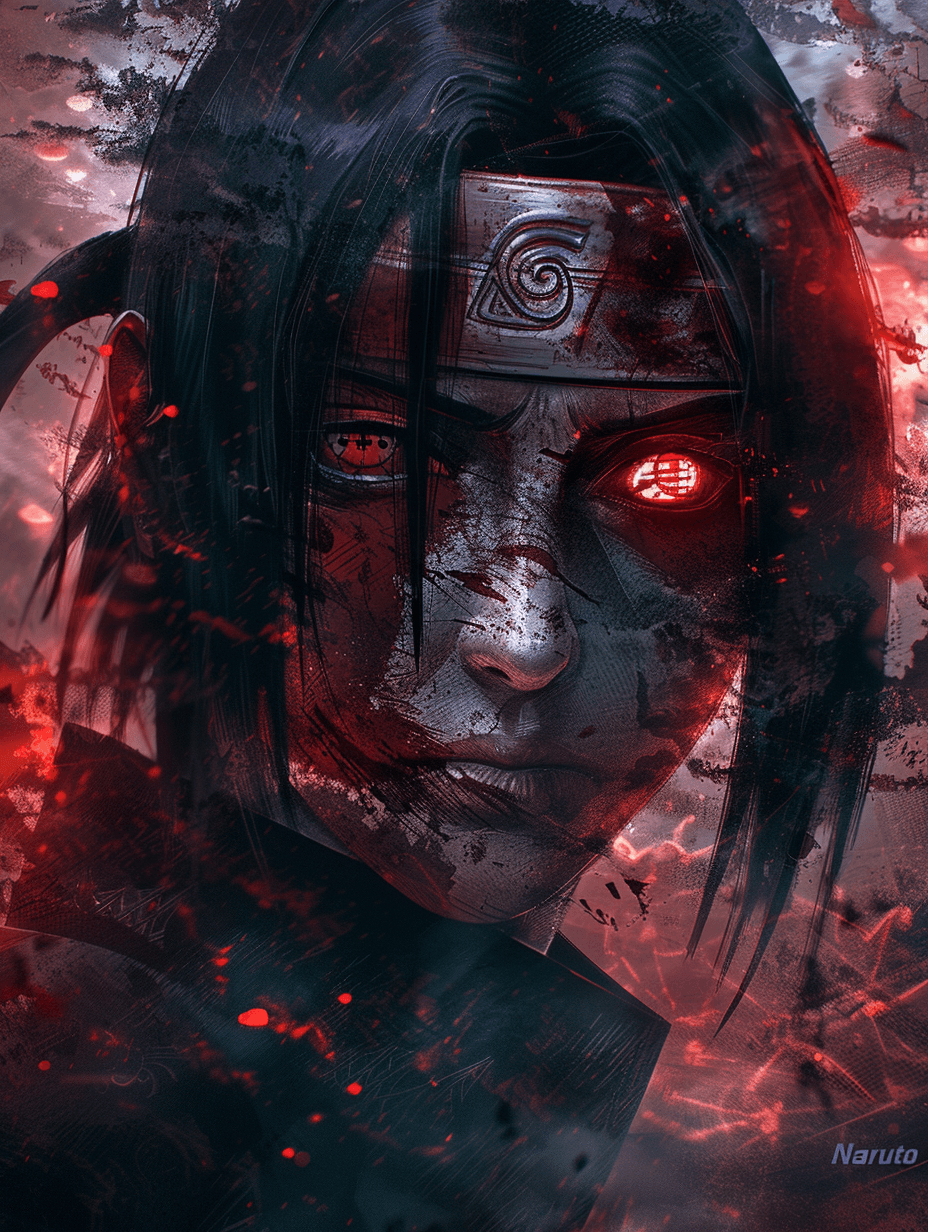 AI generated: A dramatic portrait of Itachi Uchiha from "Naruto" with his Sharingan activated, capturing his stern...