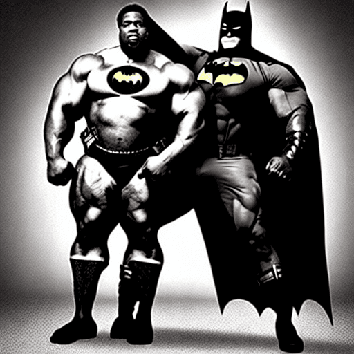 AI generated: photo of a beautiful big African American Man with big burly muscles lying next to batman holding a ...