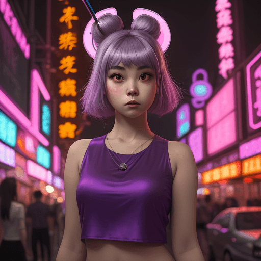 AI generated: a girl in a purple top in a neon city, in the style of chinapunk, iconic album covers, soft-focus po...
