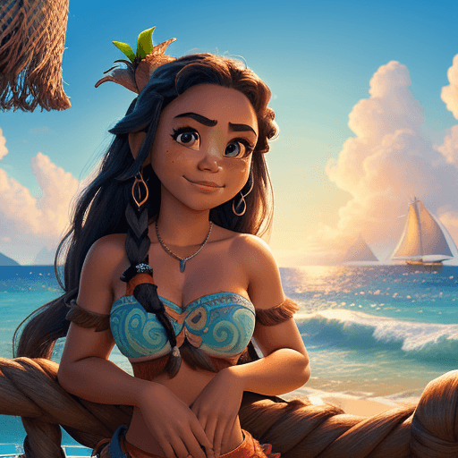 AI generated: High resolution Moana from Disney on boat skinny perfect eyes and face beautiful, High quality, beau...