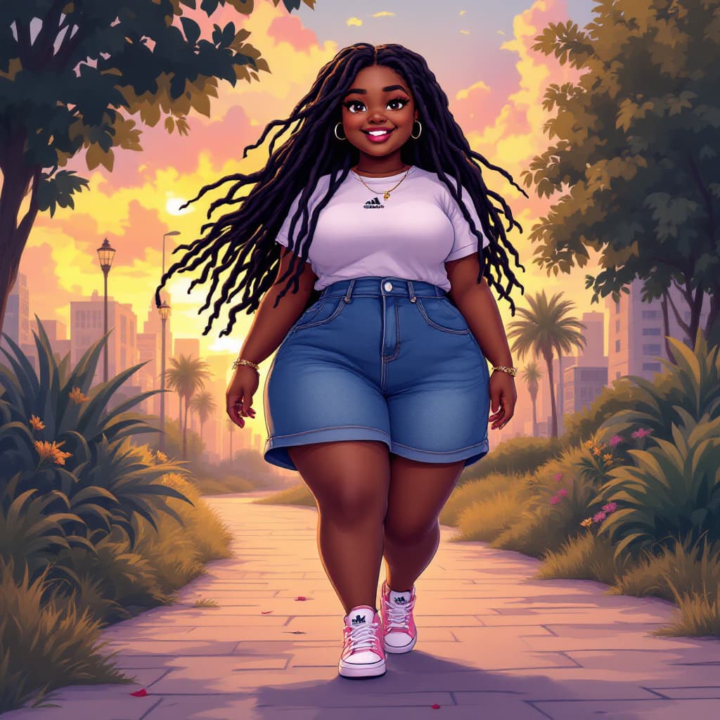 AI generated:  Anime image of a short chubby and curvy African girl in her mid twenties with brown skin, neat long...