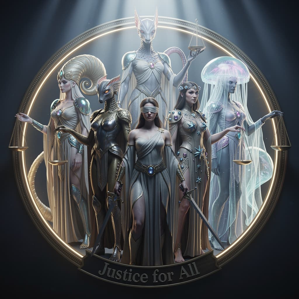 AI generated: Create a visual, show the six ladies together as one Justice for All emblem. Lady Justice for six di...