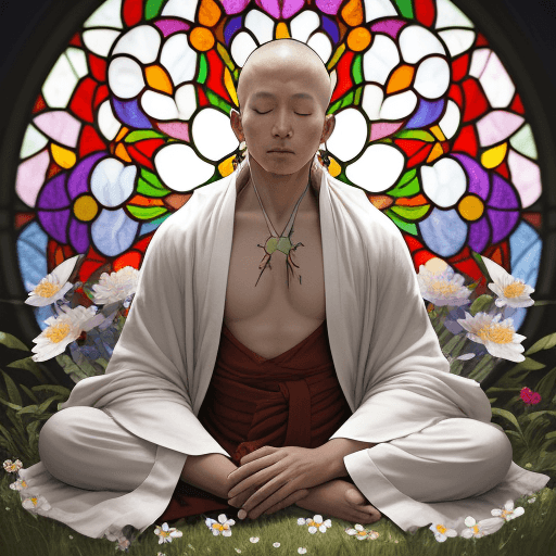 AI generated: a vibrant stained glass art piece of a Tibetan monk  meditating in a field of flowers, white motif, ...