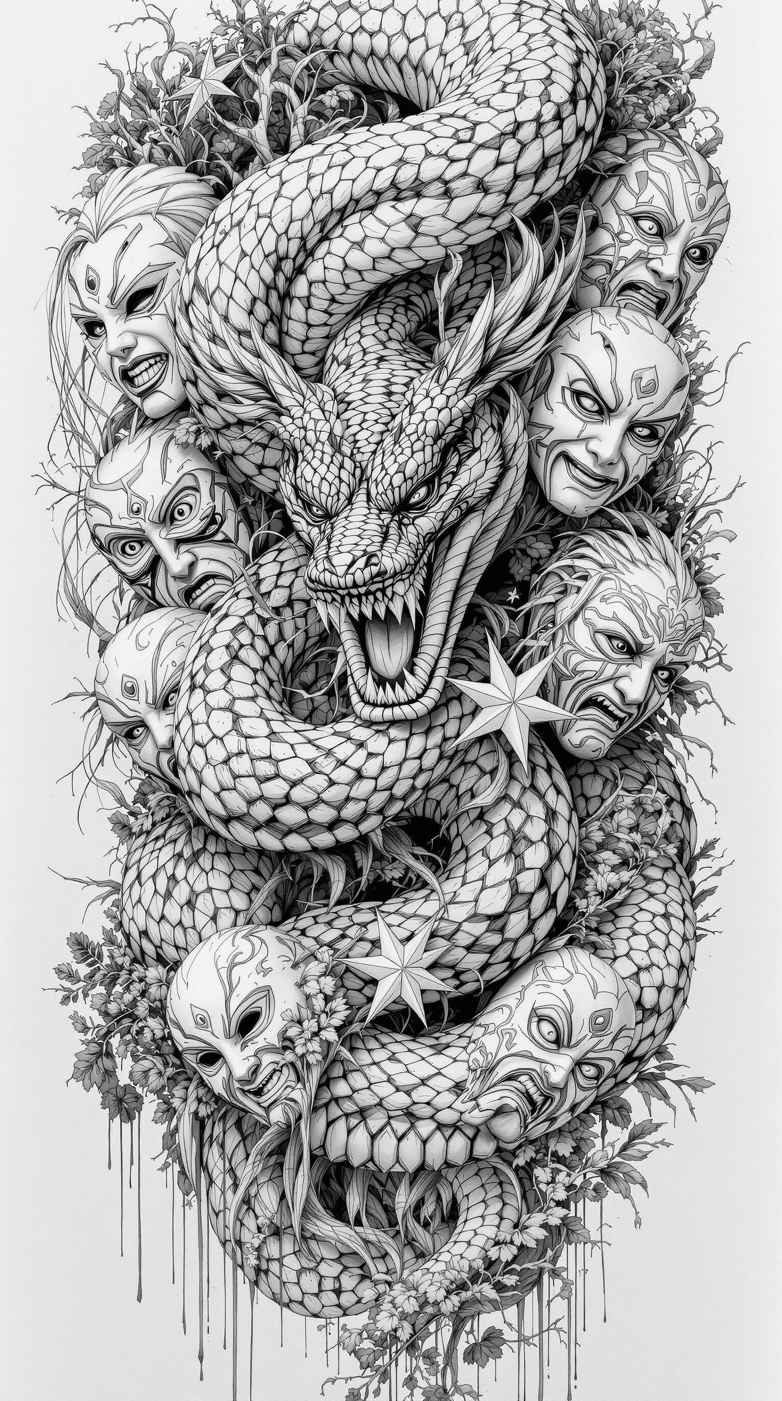 AI generated: A snake, black and white pencil drawings,Countless Japanese masks wrap around the subject，The detail...