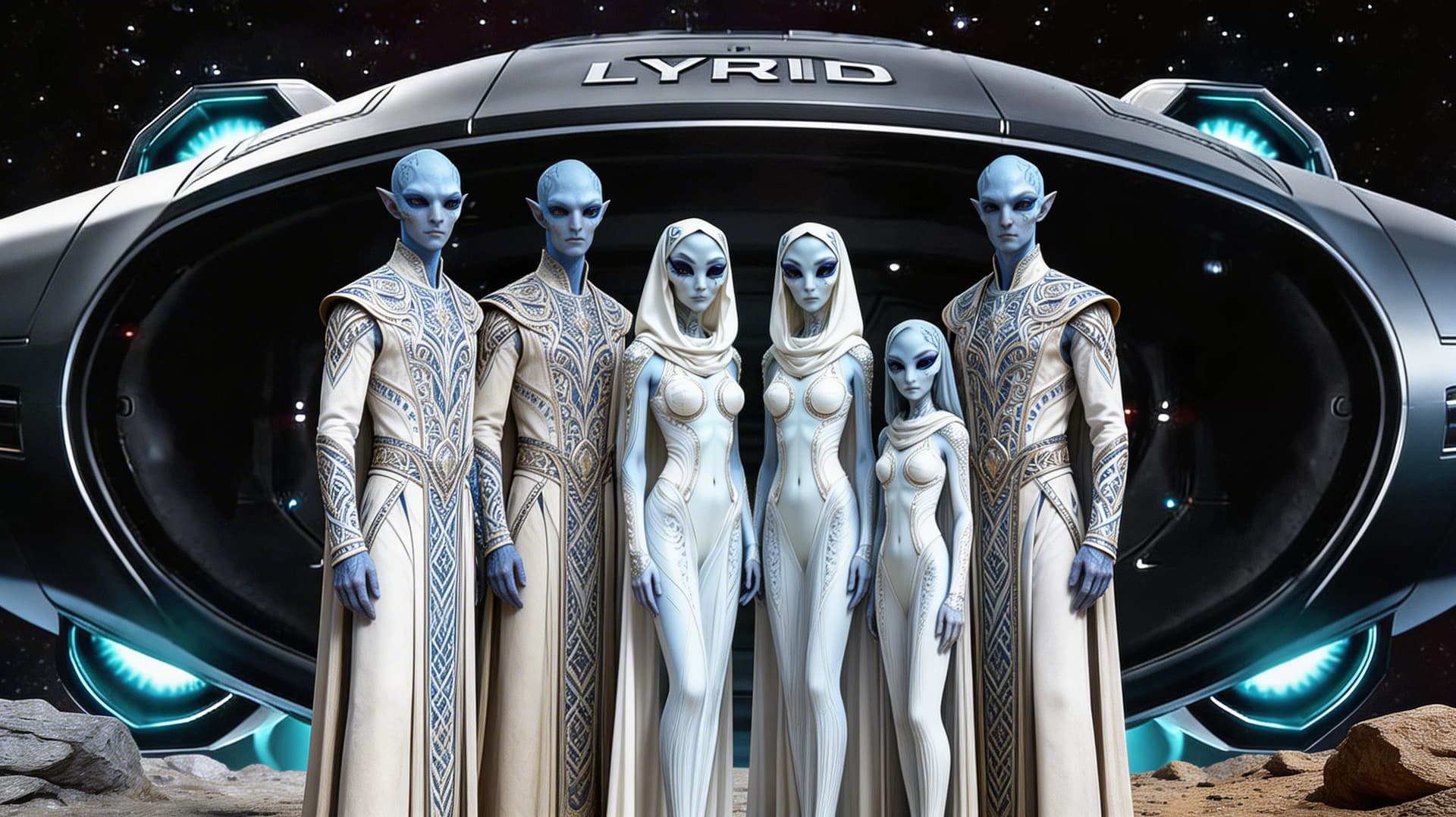 AI generated: Place two male characters and three female characters outside the craft. The two male characters are...